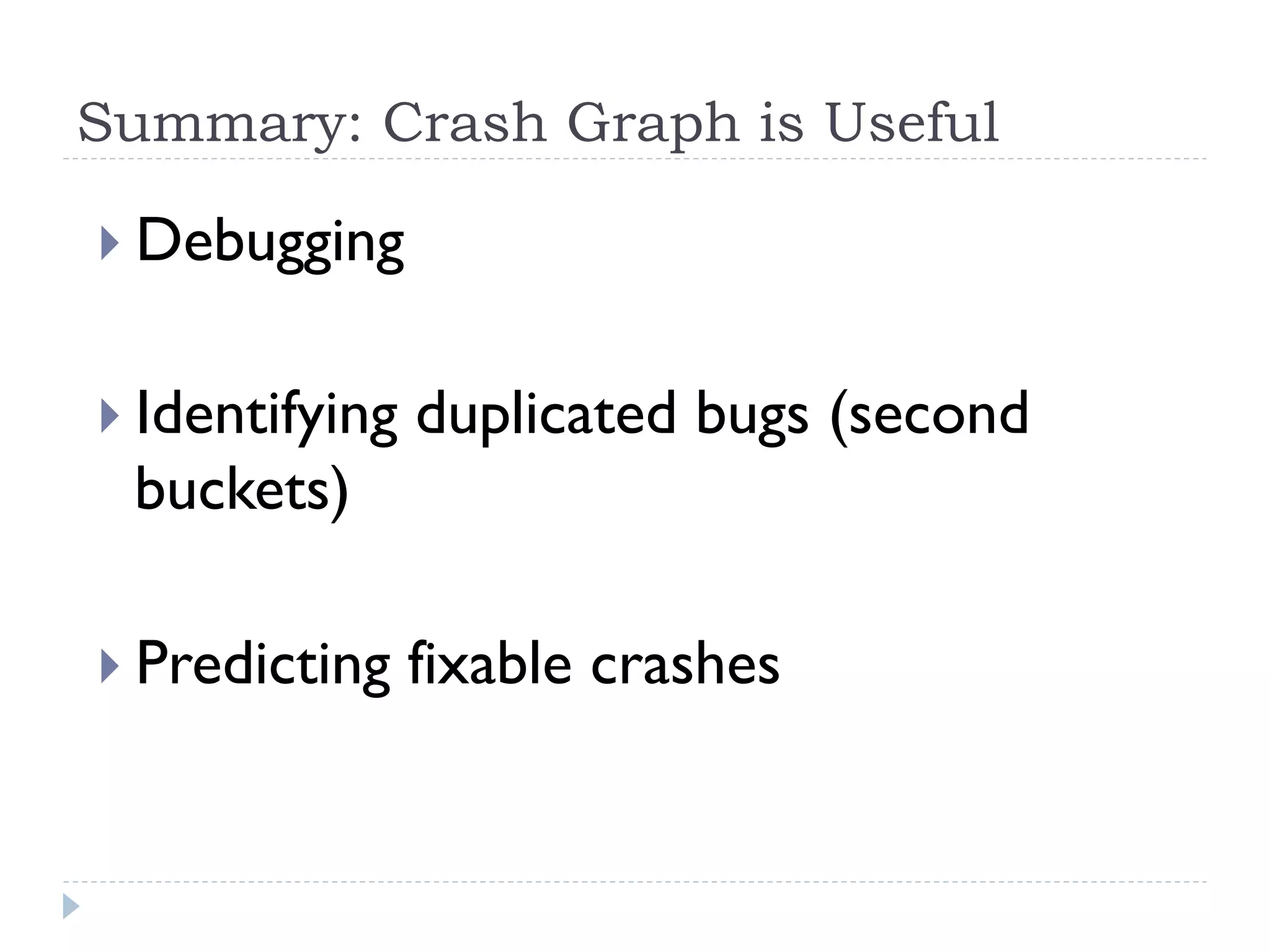 Summary: Crash Graph is Useful

}  Debugging


}  Identifying   duplicated bugs (second
 buckets)

}  Predicting    fixable crashes
 