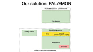 Trusted Execution Environment
Trusted Execution Environment
PALÆMON
Our solution: PALÆMON
application
data
secrets
(de/enc...