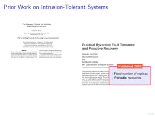 8/35
Prior Work on Intrusion-Tolerant Systems
- Fixed number of replicas
- Periodic recoveries
Published 2002
 