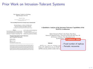 8/35
Prior Work on Intrusion-Tolerant Systems
- Fixed number of replicas
- Periodic recoveries
Published 2004
 
