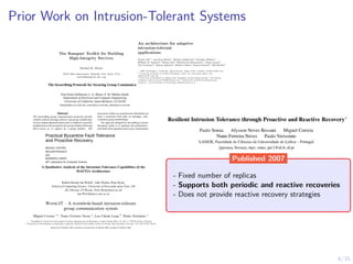 8/35
Prior Work on Intrusion-Tolerant Systems
- Fixed number of replicas
- Supports both periodic and reactive recoveries
- Does not provide reactive recovery strategies
Published 2007
 