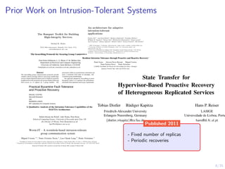8/35
Prior Work on Intrusion-Tolerant Systems
- Fixed number of replicas
- Periodic recoveries
Published 2011
 