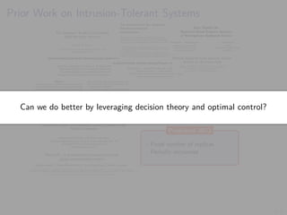 8/35
Prior Work on Intrusion-Tolerant Systems
- Fixed number of replicas
- Periodic recoveries
Published 2023
Can we do better by leveraging decision theory and optimal control?
 