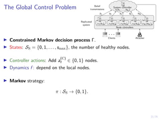 21/35
The Global Control Problem
I Constrained Markov decision process Γ.
I States: SS = {0, 1, . . . , smax}, the number of healthy nodes.
I Controller actions: Add a
(C)
t ∈ {0, 1} nodes.
I Dynamics f : depend on the local nodes.
I Markov strategy:
π : SS → {0, 1}.
. . .
π1(b1) π2(b2) π3(b3) π4(b4) πNt (bNt )
Belief
transmissions
Node controllers
Replicated
system
System controller
π(b1, . . . , bNt )
b1 b2 b3 b4 bNt
. . .
Attacker
Clients
 