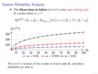 23/35
System Reliability Analysis
I The Mean-time-to-failure (mttf) is the mean hitting time
of a state where st ≤ f :
E[T(F)
| S1 = s1] = E(St )t≥1
h
inf {t ≥ 1 | St ≤ f } | S1 = s1
i
.
10 20 30 40 50 60 70 80 90 100
100
200
300
pi = 0.05 pi = 0.025 pi = 0.01
N1
E[T(F)]
The mttf in function of the number of initial nodes N1 and failure
probability per node pi .
 
