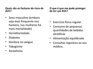 Quais são os factores de risco de AVC?    Sexo masculino (embora seja mais frequente nos homens, nas mulheres há mais mortalidade)  Hereditariedade  Diabetes  Gordura no sangue  Tabagismo  Alcoolismo  O que é que me pode proteger de ter um AVC?   Exercício físico regular Consumo de pequenas quantidades de bebidas alcoólicas Alimentação equilibrada Consultas regulares ao seu médico. 
