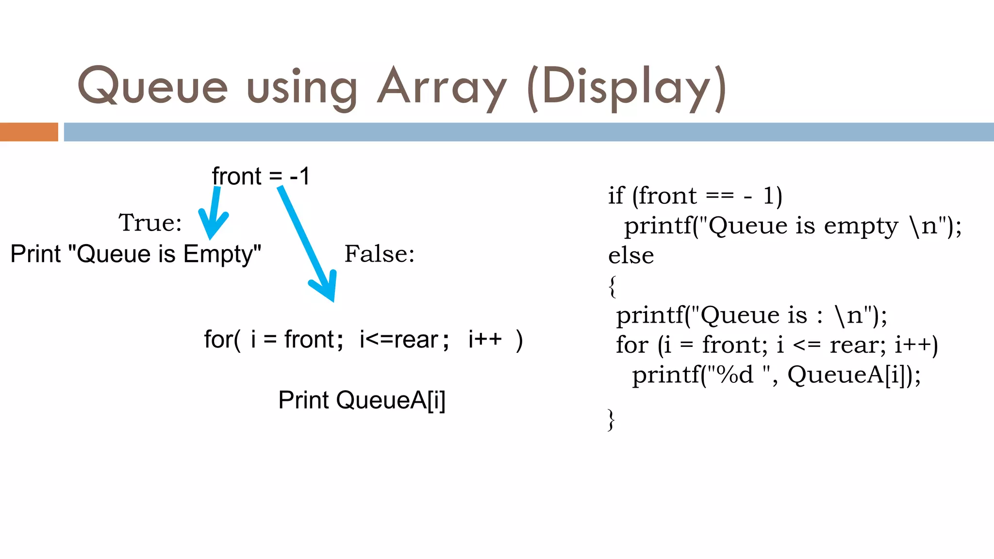 Queue using Array (Display)
if (front == - 1)
printf("Queue is empty n");
else
{
printf("Queue is : n");
for (i = front; i <= rear; i++)
printf("%d ", QueueA[i]);
}
i = front i<=rear
Print QueueA[i]
i++
front = -1
Print "Queue is Empty"
for( ; ; )
False:
True:
 