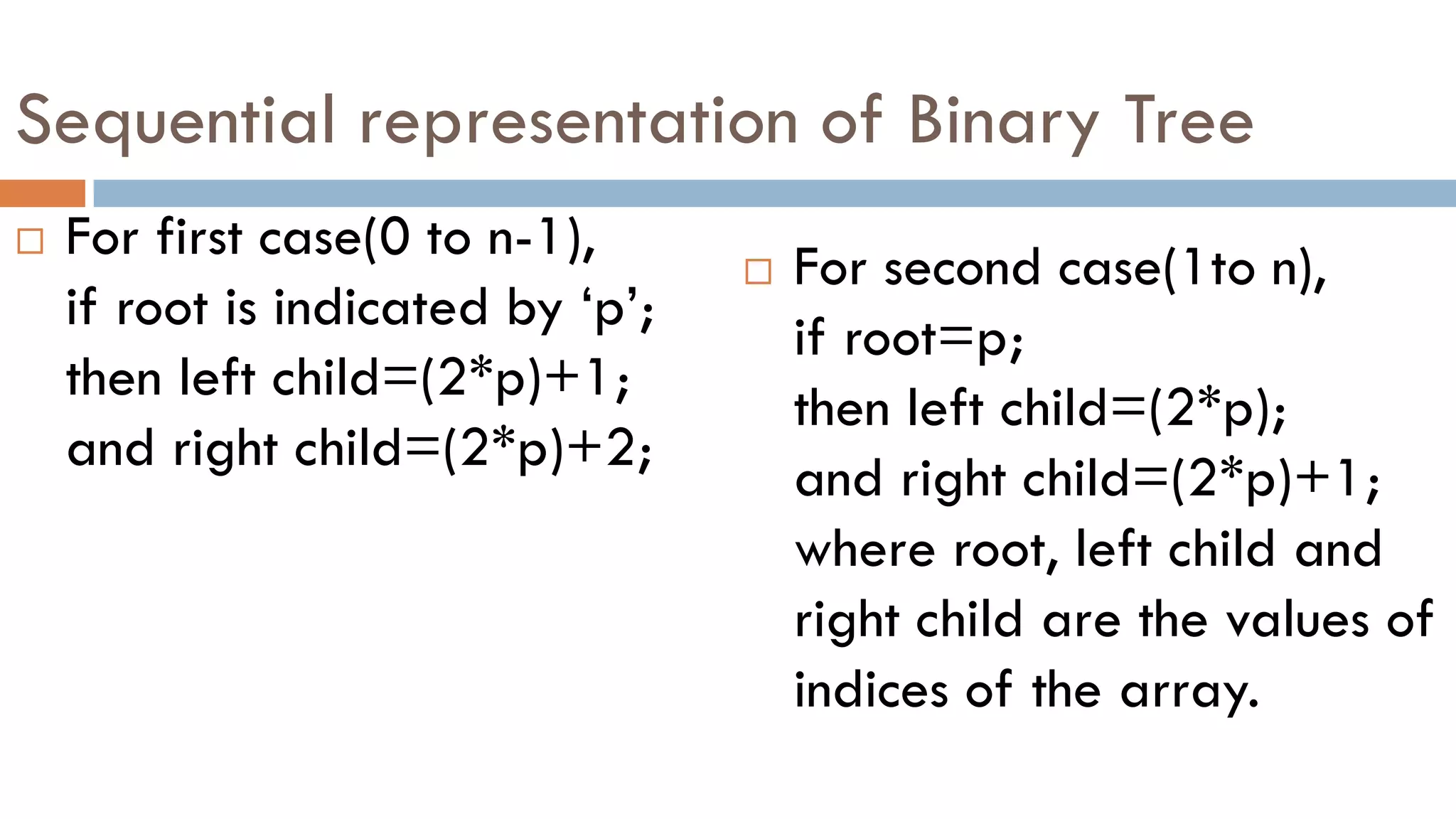 Sequential representation of Binary Tree
 For first case(0 to n-1),
if root is indicated by „p‟;
then left child=(2*p)+1;
and right child=(2*p)+2;
 For second case(1to n),
if root=p;
then left child=(2*p);
and right child=(2*p)+1;
where root, left child and
right child are the values of
indices of the array.
 
