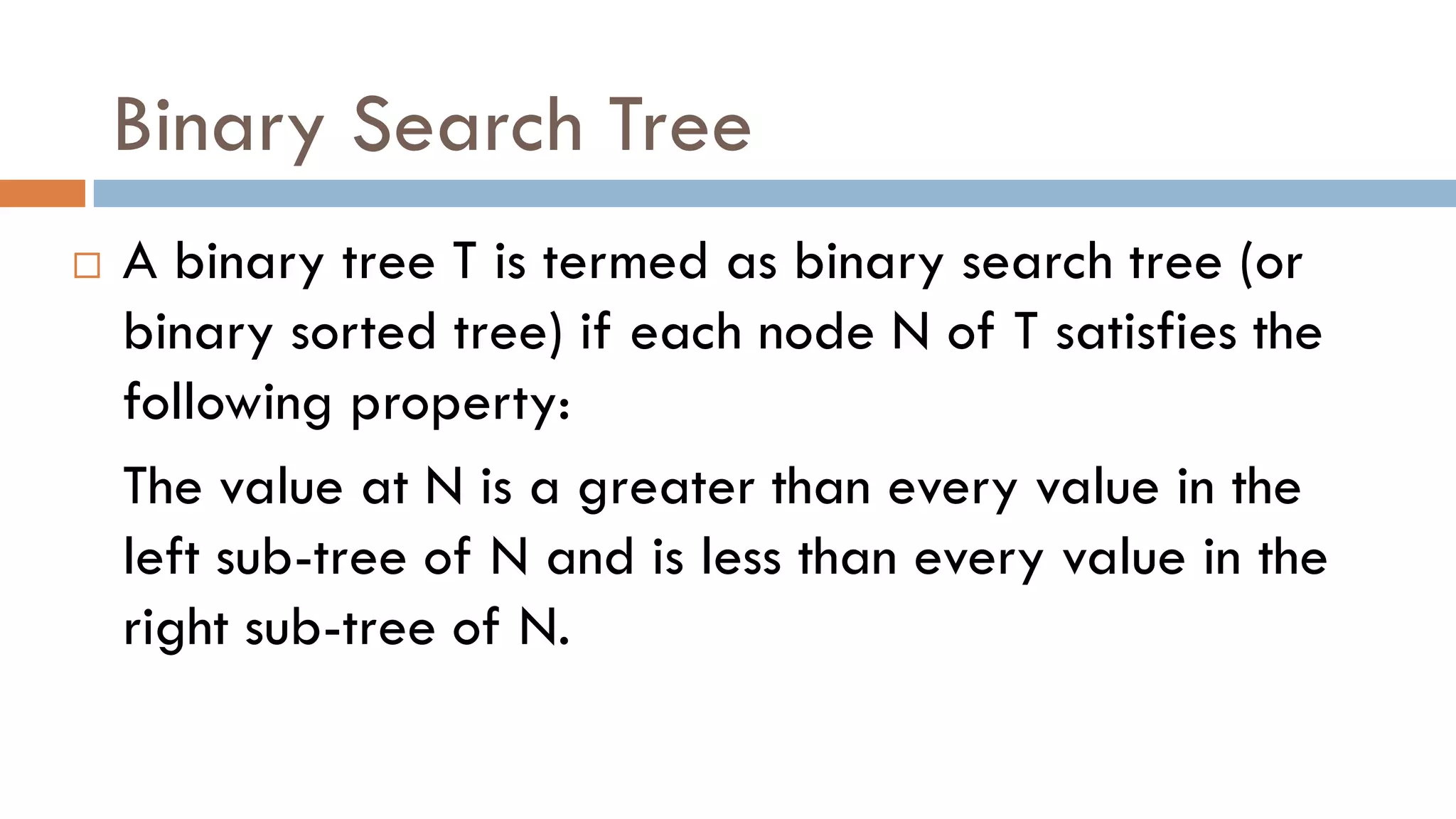 Binary Search Tree
 A binary tree T is termed as binary search tree (or
binary sorted tree) if each node N of T satisfies the
following property:
The value at N is a greater than every value in the
left sub-tree of N and is less than every value in the
right sub-tree of N.
 