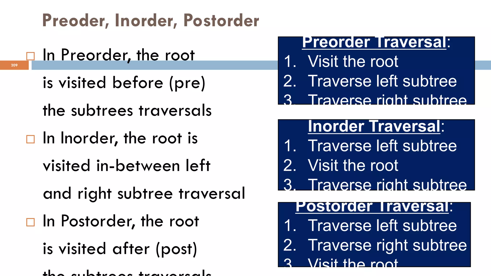 209
Preoder, Inorder, Postorder
 In Preorder, the root
is visited before (pre)
the subtrees traversals
 In Inorder, the root is
visited in-between left
and right subtree traversal
 In Postorder, the root
is visited after (post)
Preorder Traversal:
1. Visit the root
2. Traverse left subtree
3. Traverse right subtree
Inorder Traversal:
1. Traverse left subtree
2. Visit the root
3. Traverse right subtree
Postorder Traversal:
1. Traverse left subtree
2. Traverse right subtree
3. Visit the root
 