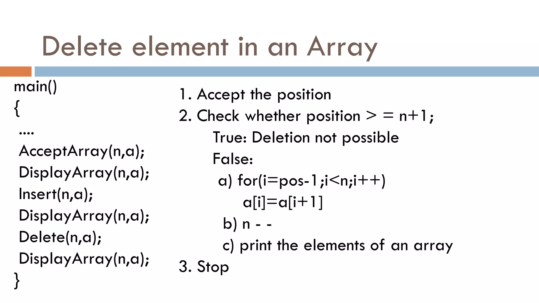 Delete element in an Array
main()
{
....
AcceptArray(n,a);
DisplayArray(n,a);
Insert(n,a);
DisplayArray(n,a);
Delete(n,a);
DisplayArray(n,a);
}
1. Accept the position
2. Check whether position > = n+1;
True: Deletion not possible
False:
a) for(i=pos-1;i<n;i++)
a[i]=a[i+1]
b) n - -
c) print the elements of an array
3. Stop
 