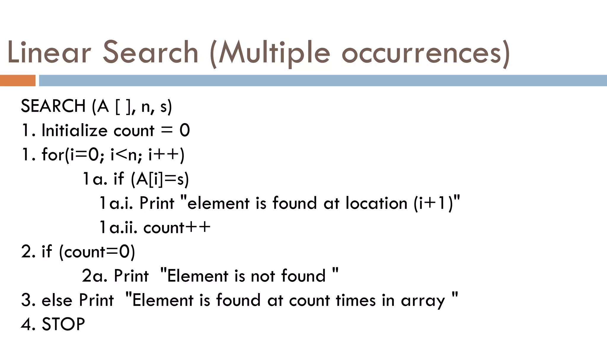 Linear Search (Multiple occurrences)
SEARCH (A [ ], n, s)
1. Initialize count = 0
1. for(i=0; i<n; i++)
1a. if (A[i]=s)
1a.i. Print "element is found at location (i+1)"
1a.ii. count++
2. if (count=0)
2a. Print "Element is not found "
3. else Print "Element is found at count times in array "
4. STOP
 