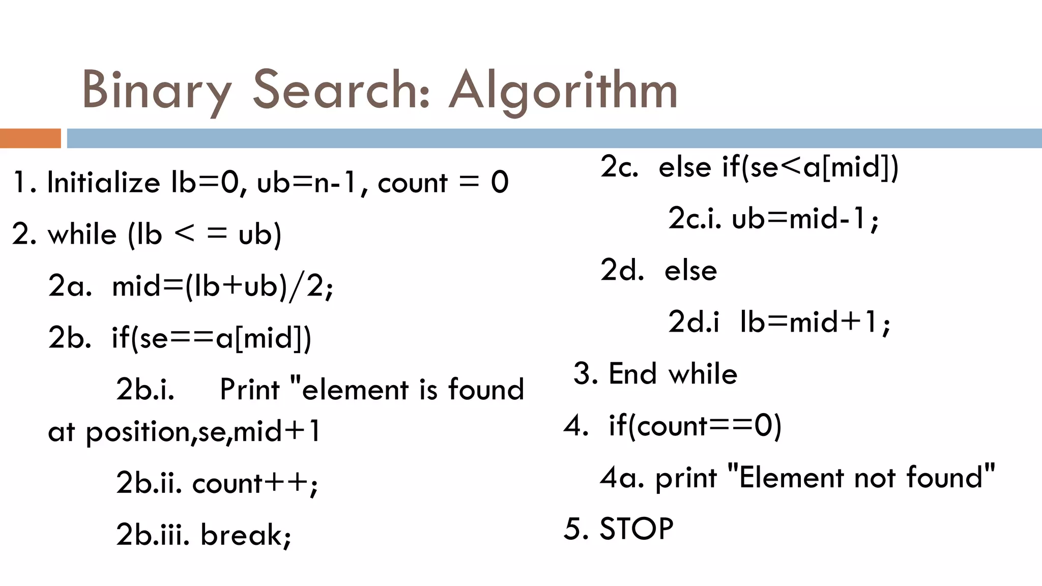 Binary Search: Algorithm
1. Initialize lb=0, ub=n-1, count = 0
2. while (lb < = ub)
2a. mid=(lb+ub)/2;
2b. if(se==a[mid])
2b.i. Print "element is found
at position,se,mid+1
2b.ii. count++;
2b.iii. break;
2c. else if(se<a[mid])
2c.i. ub=mid-1;
2d. else
2d.i lb=mid+1;
3. End while
4. if(count==0)
4a. print "Element not found"
5. STOP
 