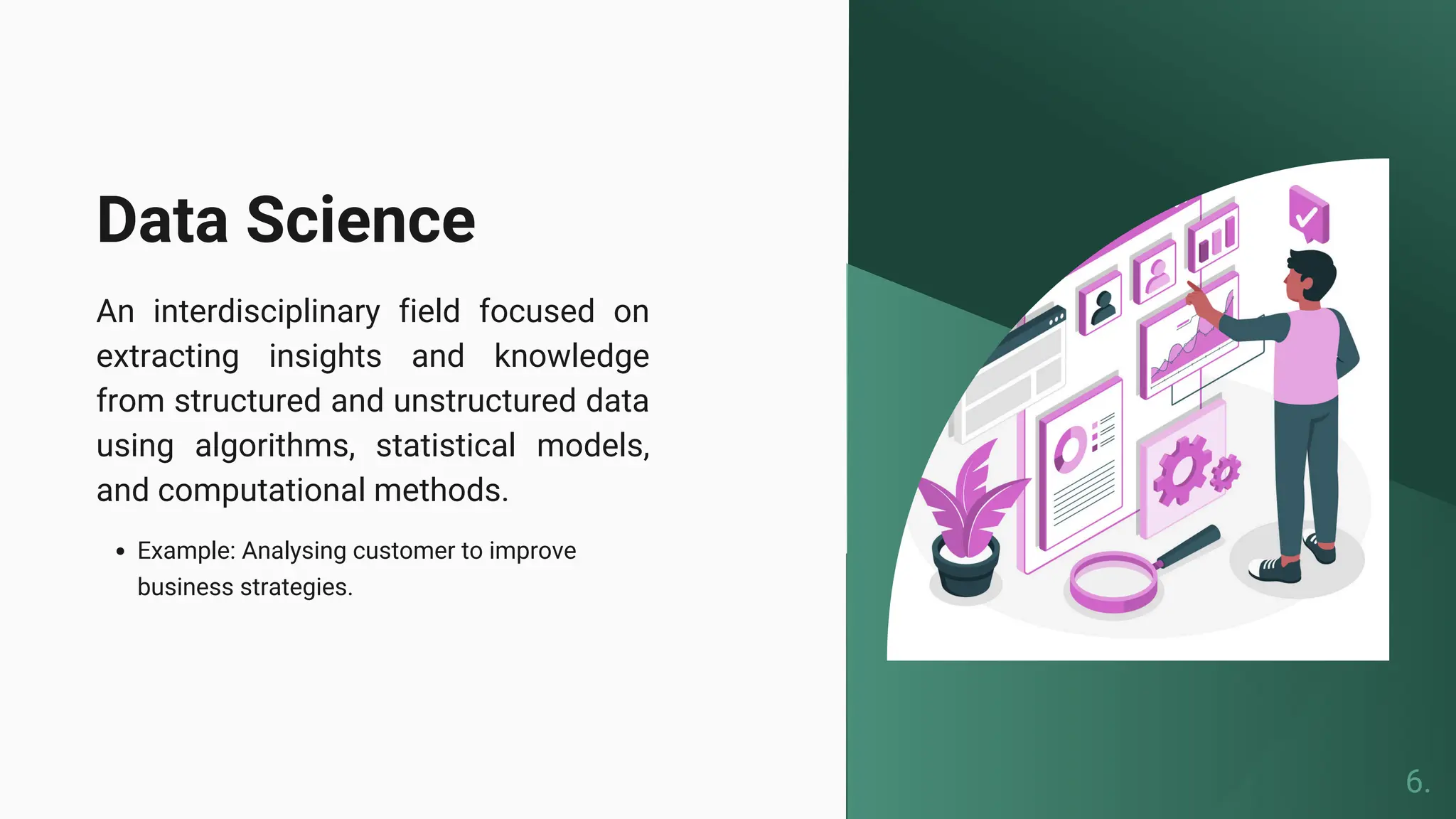 Data Science
An interdisciplinary field focused on
extracting insights and knowledge
from structured and unstructured data
using algorithms, statistical models,
and computational methods.
Example: Analysing customer to improve
business strategies.
6.
 