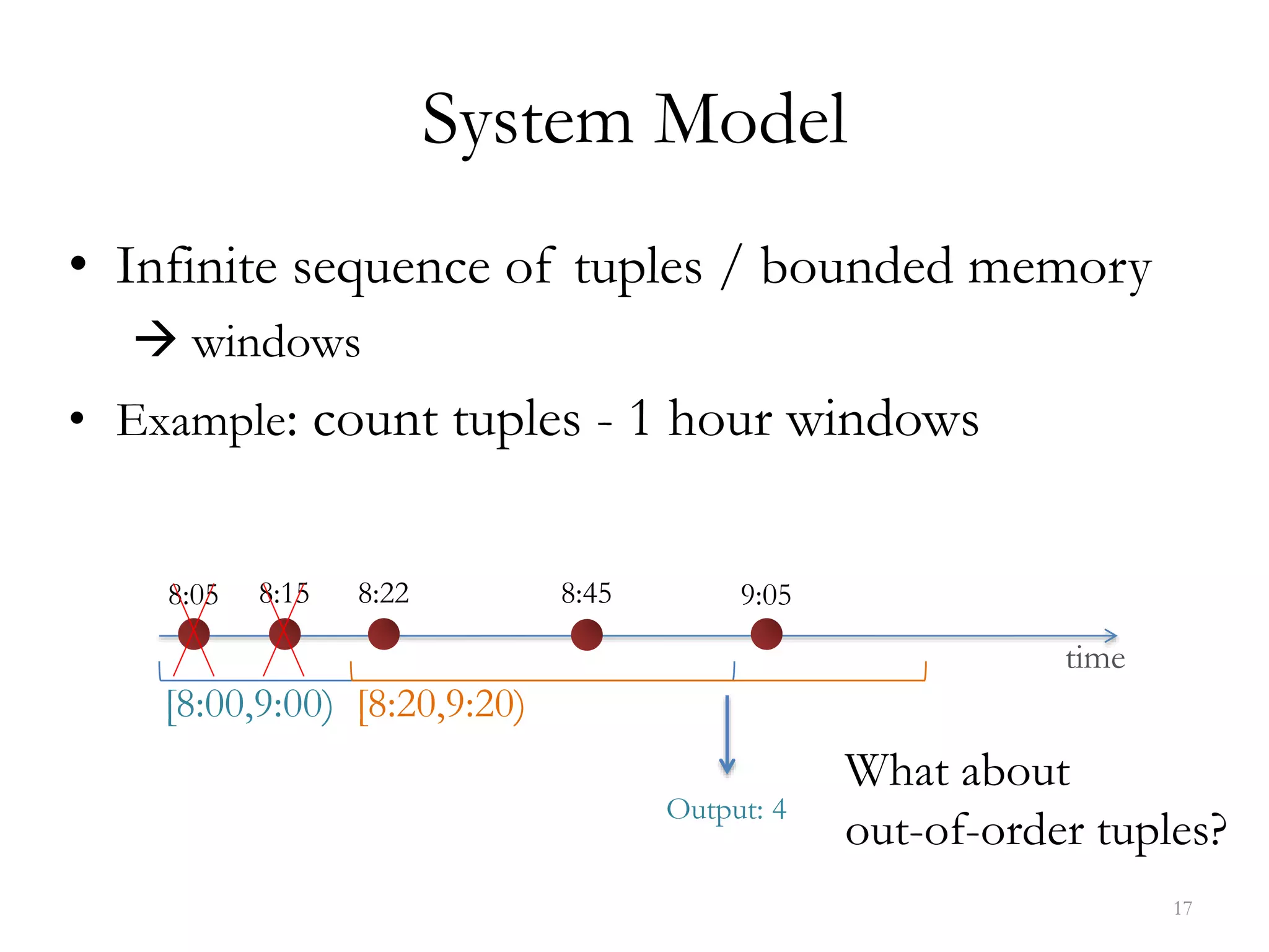 System Model
• Infinite sequence of tuples / bounded memory
 windows
• Example: count tuples - 1 hour windows
time
[8:00,9:00)
8:05 8:15 8:22 8:45 9:05
Output: 4
17
[8:20,9:20)
What about
out-of-order tuples?
 