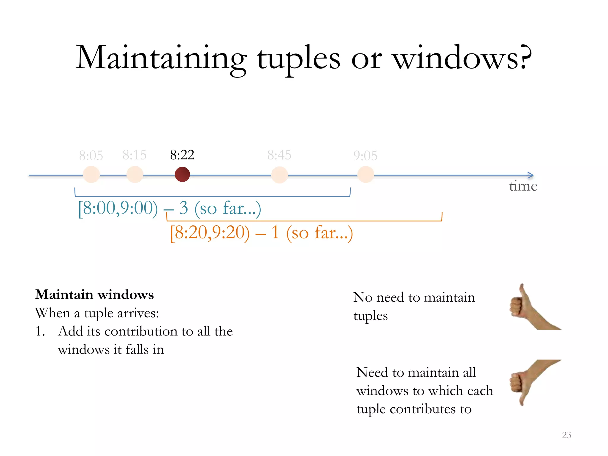 Maintaining tuples or windows?
23
time
[8:00,9:00) – 3 (so far...)
8:05 8:15 8:22 8:45 9:05
[8:20,9:20) – 1 (so far...)
Maintain windows
When a tuple arrives:
1. Add its contribution to all the
windows it falls in
No need to maintain
tuples
Need to maintain all
windows to which each
tuple contributes to
 