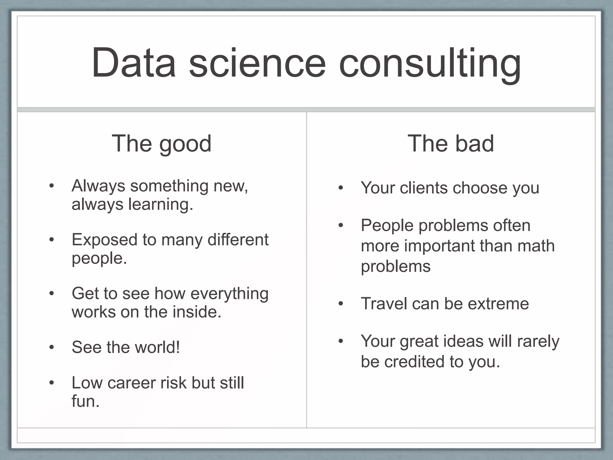 Data science consulting
The good
• Always something new,
always learning.
• Exposed to many different
people.
• Get to see how everything
works on the inside.
• See the world!
• Low career risk but still
fun.
The bad
• Your clients choose you
• People problems often
more important than math
problems
• Travel can be extreme
• Your great ideas will rarely
be credited to you.
 