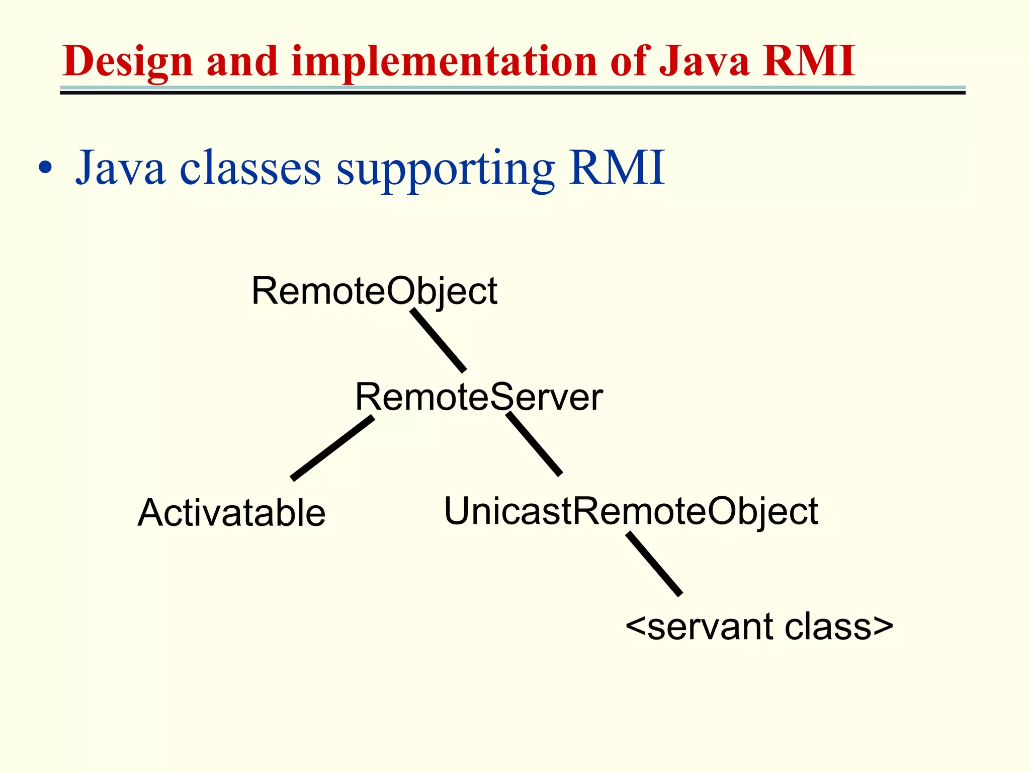 Design and implementation of Java RMI 
• Java classes supporting RMI 
RemoteObject 
RemoteServer 
UnicastRemoteObject 
<servant class> 
Activatable 
 