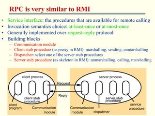 RPC is very similar to RMI 
• Service interface: the procedures that are available for remote calling 
• Invocation semantics choice: at-least-once or at-most-once 
• Generally implemented over request-reply protocol 
• Building blocks 
– Communication module 
– Client stub procedure (as proxy in RMI): marshalling, sending, unmarshalling 
– Dispatcher: select one of the server stub procedures 
– Server stub procedure (as skeleton in RMI): unmarshalling, calling, marshalling 
client 
client process server process 
Request 
Reply 
Communication Communication 
module module dispatcher 
service 
client stub server stub 
procedure procedure 
program procedure 
 