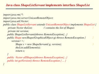 Java class ShapeListServant implements interface ShapeList 
import java.rmi.*; 
import java.rmi.server.UnicastRemoteObject; 
import java.util.Vector; 
public class ShapeListServant extends UnicastRemoteObject implements ShapeList { 
private Vector theList; // contains the list of Shapes 1 
private int version; 
public ShapeListServant()throws RemoteException{...} 
public Shape newShape(GraphicalObject g) throws RemoteException { 2 
version++; 
Shape s = new ShapeServant( g, version); 3 
theList.addElement(s); 
return s; 
} 
public Vector allShapes()throws RemoteException{...} 
public int getVersion() throws RemoteException { ... } 
} 
 