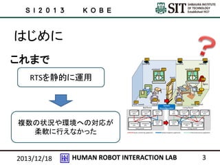 S I 2 0 1 3

K O B E

はじめに
これまで
RTSを静的に運用

複数の状況や環境への対応が
柔軟に行えなかった

2013/12/18

HUMAN ROBOT INTERACTION LAB

3

 