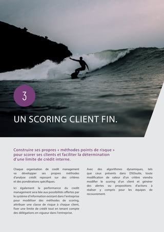 Chaque organisation de credit management
va développer ses propres méthodes
d’analyse crédit reposant sur des critères
et des pondérations spécifiques.
Ici également la performance du credit
management sera liée aux possibilités offertes par
le système d’information existant dans l’entreprise
pour modéliser des méthodes de scoring,
attribuer une classe de risque à chaque client,
fixer une limite de crédit tout en tenant compte
des délégations en vigueur dans l’entreprise.
Construire ses propres « méthodes points de risque »
pour scorer ses clients et faciliter la détermination
d’une limite de crédit interne.
Avec des algorithmes dynamiques, tels
que ceux présents dans DSOsuite, toute
modification de valeur d’un critère viendra
modifier le scoring d’un client et générer
des alertes ou propositions d’actions à
réaliser y compris pour les équipes de
recouvrement.
UN SCORING CLIENT FIN.
3
 