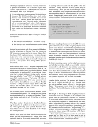 selecting an appropriate table size. The GNU linker tries           in a string table associated with the symbol table data
to optimize the hash table size for minimal lengths of the          structures. Strings are stored in the C-format; they are
chains if it gets passed the -O option (note: the linker, not       terminated by a NUL byte and no initial length ﬁeld is
the compiler, needs to get this option).                            used. This means string comparisons has to proceed until
                                                                    a non-matching character is found or until the end of the
   A note on the current implementation of the hash table op-
   timization. The GNU binutils linker has a simple minded          string. This approach is susceptible to long strings with
   heuristic which often favors small table sizes over short        common preﬁxes. Unfortunately this is not uncommon.
   chain length. For large projects this might very well in-
   crease the startup costs. The overall memory consumption
   will be sometimes signiﬁcantly reduces which might com-
   pensate sooner or later but it is still advised to check the     namespace some_namespace {
   effectiveness of the optimization. A new linker implemen-          class some_longer_class_name {
   tation is going to be developed and it contains a better algo-        int member_variable;
   rithm.                                                              public:
                                                                         some_longer_class_name (int p);
                                                                         int the_getter_function (void);
To measure the effectiveness of the hashing two numbers               };
are important:                                                      }


    • The average chain length for a successful lookup.
    • The average chain length for an unsuccessful lookup.          The name mangling scheme used by the GNU C++ com-
                                                                    piler before version 3.0 used a mangling scheme which
                                                                    put the name of a class member ﬁrst along with a descrip-
It might be surprising to talk about unsuccessful lookups           tion of the parameter list and following it the other parts
here but in fact they are the rule. Note that “unsuccess-           of the name such as namespaces and nested class names.
ful” means only unsuccessful in the current objects. Only           The result is a name which distinguishable in the begin-
for objects which implement almost everything they get              ning if the member names are different. For the example
looked in for is the successful lookup number more im-              above the mangled names for the two members functions
portant. In this category there are basically only two ob-          look like this ﬁgure 5.
jects on a Linux system: the C library and the dynamic
linker itself.                                                      In the new mangling scheme used in today’s gcc versions
                                                                    and all other compilers which are compatible with the
Some versions of the readelf program compute the value              common C++ ABI the names start with the namespaces
directly and the output is similar to ﬁgures 3 and 4. The           and class names and end with the member names. Fig-
data in these examples shows us a number of things. Based           ure 6 shows the result for the little example. The mangled
on the number of symbols (2027 versus 106) the chosen               names for the two member functions differs only after the
table size is radically different. For the smaller table the        43rd character. This is really bad performance-wise if the
linker can afford to “waste” 53.9% of the hash table en-            two symbols should fall into the same hash bucket.4
tries which contain no data. That’s only 412 bytes on
a gABI-compliant system. If the same amount of over-                Ada has similar problems. The standard Ada library for
head would be allowed for the libc.so binary the table              gcc has all symbols preﬁxed with ada , then the pack-
would be 4 kilobytes or more larger. That is a big dif-             age and sub-package names, followed by function name.
ference. The linker has a ﬁxed cost function integrated             Figure 7 shows a short excerpt of the list of symbols from
which takes the table size into account.                            the library. The ﬁrst 23 character are the same for all the
                                                                    names.
The increased relative table size means we have signiﬁ-
cantly shorter hash chains. This is especially true for the         The length of the strings in both mangling schemes is
average chain length for an unsuccessful lookup. The av-            worrisome since each string has to be compared com-
erage for the small table is only 28% of that of the large          pletely when the symbol itself is searched for. The names
table.                                                              in the example are not extra ordinarily long either. Look-
                                                                    ing through the standard C++ library one can ﬁnd many
What these numbers should show is the effect of reduc-              names longer than 120 characters and even this is not the
ing the number of symbols in the dynamic symbol ta-                 longest. Other system libraries feature names longer than
ble. With signiﬁcantly fewer symbols the linker has a               200 characters and complicated, “well designed” C++
much better chance to counter the effects of the subopti-           projects with many namespaces, templates, and nested
mal hashing function.                                               classes can feature names with more than 1,000 charac-
                                                                        4 Some people suggested “Why not search from the back?”. Think
Another factor in the cost of the lookup algorithm is con-          about it, these are C strings, not PASCAL strings. We do not know the
nected with the strings themselves. Simple string com-              length and therefore would have to read every single character of the
parison is used on the symbol names which are stored                string to determine the length. The result would be worse.


Ulrich Drepper                                               Version 4.0                                                               7
 