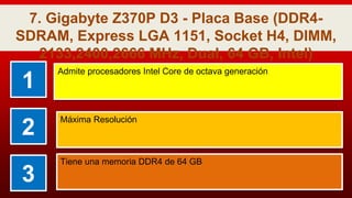 7. Gigabyte Z370P D3 - Placa Base (DDR4-
SDRAM, Express LGA 1151, Socket H4, DIMM,
2133,2400,2666 MHz, Dual, 64 GB, Intel)
1
Admite procesadores Intel Core de octava generación
2
Máxima Resolución
3
Tiene una memoria DDR4 de 64 GB
 