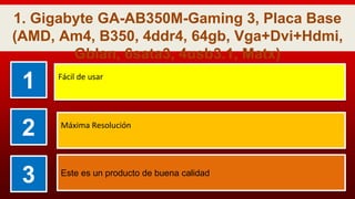 1. Gigabyte GA-AB350M-Gaming 3, Placa Base
(AMD, Am4, B350, 4ddr4, 64gb, Vga+Dvi+Hdmi,
Gblan, 6sata3, 4usb3.1, Matx)
1 Fácil de usar
2 Máxima Resolución
3 Este es un producto de buena calidad
 