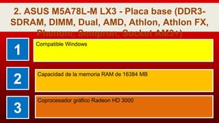 2. ASUS M5A78L-M LX3 - Placa base (DDR3-
SDRAM, DIMM, Dual, AMD, Athlon, Athlon FX,
Phenom, Sempron, Socket AM3+)
1
Compatible Windows
2
Capacidad de la memoria RAM de 16384 MB
3
Coprocesador gráfico Radeon HD 3000
 