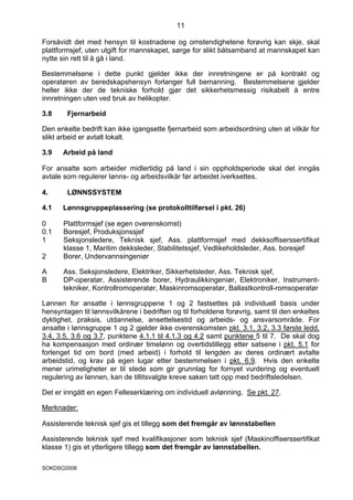 11

Forsåvidt det med hensyn til kostnadene og omstendighetene forøvrig kan skje, skal
plattformsjef, uten utgift for mannskapet, sørge for slikt båtsamband at mannskapet kan
nytte sin rett til å gå i land.

Bestemmelsene i dette punkt gjelder ikke der innretningene er på kontrakt og
operatøren av beredskapshensyn forlanger full bemanning. Bestemmelsene gjelder
heller ikke der de tekniske forhold gjør det sikkerhetsmessig risikabelt å entre
innretningen uten ved bruk av helikopter.

3.8     Fjernarbeid

Den enkelte bedrift kan ikke igangsette fjernarbeid som arbeidsordning uten at vilkår for
slikt arbeid er avtalt lokalt.

3.9   Arbeid på land

For ansatte som arbeider midlertidig på land i sin oppholdsperiode skal det inngås
avtale som regulerer lønns- og arbeidsvilkår før arbeidet iverksettes.

4.      LØNNSSYSTEM

4.1   Lønnsgruppeplassering (se protokolltilførsel i pkt. 26)

0      Plattformsjef (se egen overenskomst)
0.1    Boresjef, Produksjonssjef
1      Seksjonsledere, Teknisk sjef, Ass. plattformsjef med dekksoffiserssertifikat
       klasse 1, Maritim dekksleder, Stabilitetssjef, Vedlikeholdsleder, Ass. boresjef
2      Borer, Undervannsingeniør

A      Ass. Seksjonsledere, Elektriker, Sikkerhetsleder, Ass. Teknisk sjef,
B      DP-operatør, Assisterende borer, Hydraulikkingeniør, Elektroniker, Instrument-
       tekniker, Kontrollromoperatør, Maskinromsoperatør, Ballastkontroll-romsoperatør

Lønnen for ansatte i lønnsgruppene 1 og 2 fastsettes på individuell basis under
hensyntagen til lønnsvilkårene i bedriften og til forholdene forøvrig, samt til den enkeltes
dyktighet, praksis, utdannelse, ansettelsestid og arbeids- og ansvarsområde. For
ansatte i lønnsgruppe 1 og 2 gjelder ikke overenskomsten pkt. 3.1, 3.2, 3.3 første ledd,
3.4, 3.5, 3.6 og 3.7, punktene 4.1.1 til 4.1.3 og 4.2 samt punktene 5 til 7. De skal dog
ha kompensasjon med ordinær timelønn og overtidstillegg etter satsene i pkt. 5.1 for
forlenget tid om bord (med arbeid) i forhold til lengden av deres ordinært avtalte
arbeidstid, og krav på egen lugar etter bestemmelsen i pkt. 6.9. Hvis den enkelte
mener urimeligheter er til stede som gir grunnlag for fornyet vurdering og eventuelt
regulering av lønnen, kan de tillitsvalgte kreve saken tatt opp med bedriftsledelsen.

Det er inngått en egen Felleserklæring om individuell avlønning. Se pkt. 27.

Merknader:

Assisterende teknisk sjef gis et tillegg som det fremgår av lønnstabellen

Assisterende teknisk sjef med kvalifikasjoner som teknisk sjef (Maskinoffiserssertifikat
klasse 1) gis et ytterligere tillegg som det fremgår av lønnstabellen.

SOKDSO2008
 