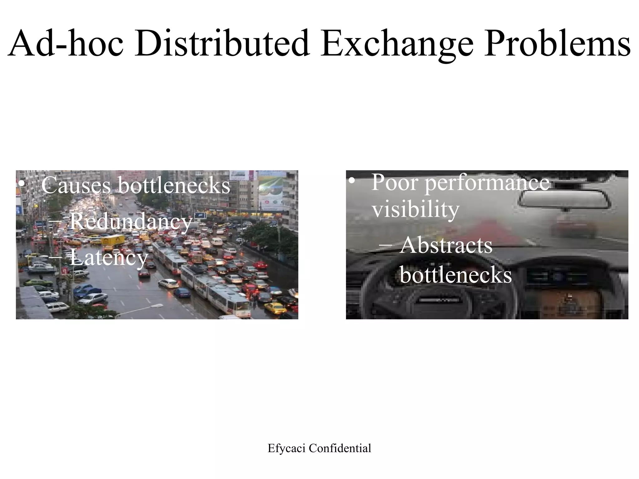 Ad-hoc Distributed Exchange Problems Causes bottlenecks Redundancy Latency Poor performance visibility Abstracts bottlenecks