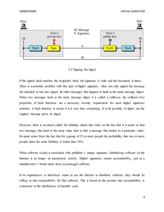 140580702005 DIGITAL SIGNATURE
6
2.2 Signing the digest
If the signed hash matches the recipient's hash, the signature is valid and the document is intact.
There is a potential problem with this type of digital signature. Alice not only signed the message
she intended to but also signed all other messages that happen to hash to the same message digest.
When two messages hash to the same message digest it is called a collision; the collision- free
properties of hash functions are a necessary security requirement for most digital signature
schemes. A hash function is secure if it is very time consuming, if at all possible, to figure out the
original message given its digest.
However, there is an attack called the birthday attack that relies on the fact that it is easier to find
two messages that hash to the same value than to find a message that hashes to a particular value.
Its name arises from the fact that for a group of 23 or more people the probability that two or more
people share the same birthday is better than 50%.
When software (code) is associated with publisher’s unique signature, distributing software on the
Internet is no longer an anonymous activity. Digital signatures ensure accountability, just as a
manufacturer’s brand name does on packaged software.
If an organization or individual wants to use the Internet to distribute software, they should be
willing to take responsibility for that software. This is based on the premise that accountability is
a deterrent to the distribution of harmful code.
 