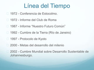 Línea del Tiempo 
 1972 - Conferencia de Estocolmo. 
 1972 - Informe del Club de Roma 
 1987 - Informe “Nuestro Futuro Común” 
 1992 - Cumbre de la Tierra (Río de Janeiro) 
 1997 - Protocolo de Kyoto 
 2000 - Metas del desarrollo del milenio 
 2002 - Cumbre Mundial sobre Desarrollo Sustentable de 
Johannesburgo. 
 
