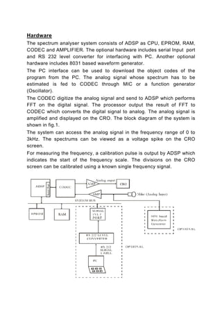 Hardware
The spectrum analyser system consists of ADSP as CPU, EPROM, RAM,
CODEC and AMPLIFIER. The optional hardware includes serial Input port
and RS 232 level converter for interfacing with PC. Another optional
hardware includes 8031 based waveform generator.
The PC interface can be used to download the object codes of the
program from the PC. The analog signal whose spectrum has to be
estimated is fed to CODEC through MIC or a function generator
(Oscillator).
The CODEC digitize the analog signal and send to ADSP which performs
FFT on the digital signal. The processor output the result of FFT to
CODEC which converts the digital signal to analog. The analog signal is
amplified and displayed on the CRO. The block diagram of the system is
shown in fig.1.
The system can access the analog signal in the frequency range of 0 to
3kHz. The spectrums can be viewed as a voltage spike on the CRO
screen.
For measuring the frequency, a calibration pulse is output by ADSP which
indicates the start of the frequency scale. The divisions on the CRO
screen can be calibrated using a known single frequency signal.
 