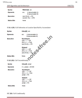 VTUlive.com 95
DSP Algorithm and Architecture 15EC751
CALA [D]: Call Subroutine at Location Specified by Accumulator
CALL[D]: Call Unconditionally
CC [D]: Call Conditionally
n
o
t
e
s
4
f
r
e
e
.
i
n
 