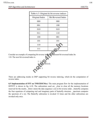 VTUlive.com 136
DSP Algorithm and Architecture 15EC751
Consider an example of computing bit reverse index. The present bit reversed index be
110. The next bit reversed index is
There are addressing modes in DSP supporting bit reverse indexing, which do the computation of
reverse index.
6.5 Implementation of FFT on TMS32OC54xx: The main program flow for the implementation of
DITFFT is shown in fig. 6.10. The subroutines used are _clear to clear all the memory locations
reserved for the results. _bitrev stores the data sequence x (n) in bit reverse order. _butterfly computes
the four equations of computing real and imaginary parts of butterfly structure. _spectrum computes
the spectrum of x (n). The Butterfly subroutine is invoked 12 times and the other subroutines are
invoked only once.
n
o
t
e
s
4
f
r
e
e
.
i
n
 