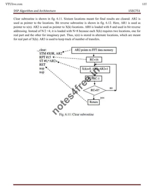 VTUlive.com 137
DSP Algorithm and Architecture 15EC751
Clear subroutine is shown in fig. 6.11. Sixteen locations meant for final results are cleared. AR2 is
used as pointer to the locations. Bit reverse subroutine is shown in fig. 6.12. Here, AR1 is used as
pointer to x(n). AR2 is used as pointer to X(k) locations. AR0 is loaded with 8 and used in bit reverse
addressing. Instead of N/2 =4, it is loaded with N=8 because each X(k) requires two locations, one for
real part and the other for imaginary part. Thus, x(n) is stored in alternate locations, which are meant
for real part of X(k). AR3 is used to keep track of number of transfers.
n
o
t
e
s
4
f
r
e
e
.
i
n
 