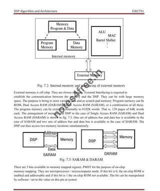 DSP Algorithm and Architecture 15EC751
External memory is off-chip. They are slower memory. External Interfacing is required to
establish the communication between the memory and the DSP. They can be with large memory
space. The purpose is being to store variable data and as scratch pad memory. Program memory can be
ROM, Dual Access RAM (DARAM), Single Access RAM (SARAM), or a combination of all these.
The program memory can be extended externally to 8192K words. That is, 128 pages of 64K words
each. The arrangement of memory and DSP in the case of Single Access RAM (SARAM) and Dual
Access RAM (DARAM) is shown in fig. 7.3. One set of address bus and data bus is available in the
case of SARAM and two sets of address bus and data bus is available in the case of DARAM. The
DSP can thus access two memory locations simultaneously.
There are 3 bits available in memory mapped register, PMST for the purpose of on-chip
memory mapping. They are microprocessor / microcomputer mode. If this bit is 0, the on-chip ROM is
enabled and addressable and if this bit is 1 the on-chip ROM not available. The bit can be manipulated
by software / set to the value on this pin at system
n
o
t
e
s
4
f
r
e
e
.
i
n
 