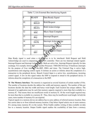 DSP Algorithm and Architecture 15EC751
Data Ready signal is used when a slow device is to be interfaced. Hold Request and Hold
Acknowledge are used in conjunction with DMA controller. There are two Interrupt related signals:
Interrupt Request and Interrupt Acknowledge. Both are active low. Interrupt Request typically for data
exchange. For example, between ADC / another Processor. TMS320C5416 has 14 hardware interrupts
for the purpose of User interrupt, Mc-BSP, DMA and timer. The External Flag is active high,
asynchronous and outgoing control signal. It initiates an action or informs about the completion of a
transaction to the peripheral device. Branch Control Input is a active low, asynchronous, incoming
control signal. A low on this signal makes the DSP to respond or attend to the peripheral device. It
informs about the completion of a transaction to the DSP.
7.4 The Memory Interface: The memory is organized as several locations of certain number of bits.
The number of locations decides the address bus width and memory capacity. The number of bits per
locations decides the data bus width and hence word length. Each location has unique address. The
demand of an application may be such that memory capacity required is more than that available in a
memory IC. That means there are insufficient words in memory IC. Or the word length required may
be more than that is available in a memory IC. Thus, there may be insufficient word length. In both the
cases, more number of memory ICs are required.
Typical signals in a memory device are address bus to carry address of referred memory location. Data
bus carries data to or from referred memory location. Chip Select Signal selects one or more memory
ICs among many memory ICs in the system. Write Enable enables writing of data available on data
bus to a memory location. Output Enable signal enables the availability of data from a memory
n
o
t
e
s
4
f
r
e
e
.
i
n
 
