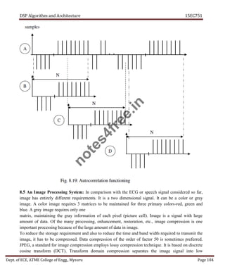 DSP Algorithm and Architecture 15EC751
Dept. of ECE, ATME College of Engg., Mysuru Page 184
8.5 An Image Processing System: In comparison with the ECG or speech signal considered so far,
image has entirely different requirements. It is a two dimensional signal. It can be a color or gray
image. A color image requires 3 matrices to be maintained for three primary colors-red, green and
blue. A gray image requires only one
matrix, maintaining the gray information of each pixel (picture cell). Image is a signal with large
amount of data. Of the many processing, enhancement, restoration, etc., image compression is one
important processing because of the large amount of data in image.
To reduce the storage requirement and also to reduce the time and band width required to transmit the
image, it has to be compressed. Data compression of the order of factor 50 is sometimes preferred.
JPEG, a standard for image compression employs lossy compression technique. It is based on discrete
cosine transform (DCT). Transform domain compression separates the image signal into low
n
o
t
e
s
4
f
r
e
e
.
i
n
 