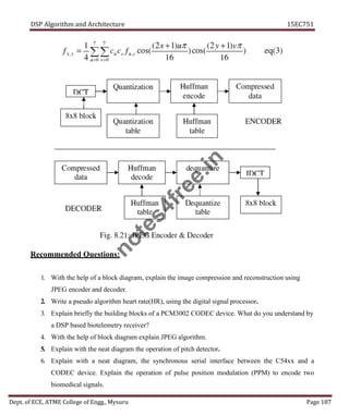 DSP Algorithm and Architecture 15EC751
Dept. of ECE, ATME College of Engg., Mysuru Page 187
Recommended Questions:
1. With the help of a block diagram, explain the image compression and reconstruction using
JPEG encoder and decoder.
2. Write a pseudo algorithm heart rate(HR), using the digital signal processor.
3. Explain briefly the building blocks of a PCM3002 CODEC device. What do you understand by
a DSP based biotelemetry receiver?
4. With the help of block diagram explain JPEG algorithm.
5. Explain with the neat diagram the operation of pitch detector.
6. Explain with a neat diagram, the synchronous serial interface between the C54xx and a
CODEC device. Explain the operation of pulse position modulation (PPM) to encode two
biomedical signals.
n
o
t
e
s
4
f
r
e
e
.
i
n
 