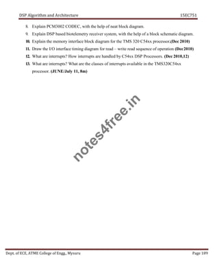 DSP Algorithm and Architecture 15EC751
Dept. of ECE, ATME College of Engg., Mysuru Page 189
8. Explain PCM3002 CODEC, with the help of neat block diagram.
9. Explain DSP based biotelemetry receiver system, with the help of a block schematic diagram.
10. Explain the memory interface block diagram for the TMS 320 C54xx processor.(Dec 2010)
11. Draw the I/O interface timing diagram for read – write read sequence of operation (Dec2010)
12. What are interrupts? How interrupts are handled by C54xx DSP Processors. (Dec 2010,12)
13. What are interrupts? What are the classes of interrupts available in the TMS320C54xx
processor. (JUNE/July 11, 8m)
n
o
t
e
s
4
f
r
e
e
.
i
n
 
