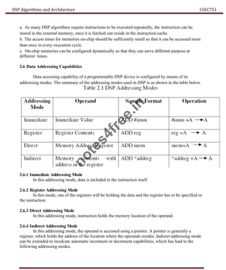 DSP Algorithms and Architecture 15EC751
a. As many DSP algorithms require instructions to be executed repeatedly, the instruction can be
stored in the external memory, once it is fetched can reside in the instruction cache.
b. The access times for memories on-chip should be sufficiently small so that it can be accessed more
than once in every execution cycle.
c. On-chip memories can be configured dynamically so that they can serve different purpose at
different times.
2.6 Data Addressing Capabilities
Data accessing capability of a programmable DSP device is configured by means of its
addressing modes. The summary of the addressing modes used in DSP is as shown in the table below.
2.6.1 Immediate Addressing Mode
In this addressing mode, data is included in the instruction itself.
2.6.2 Register Addressing Mode
In this mode, one of the registers will be holding the data and the register has to be specified in
the instruction.
2.6.3 Direct Addressing Mode
In this addressing mode, instruction holds the memory location of the operand.
2.6.4 Indirect Addressing Mode
In this addressing mode, the operand is accessed using a pointer. A pointer is generally a
register, which holds the address of the location where the operands resides. Indirect addressing mode
can be extended to inculcate automatic increment or decrement capabilities, which has lead to the
following addressing modes.
n
o
t
e
s
4
f
r
e
e
.
i
n
 
