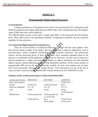 DSP Algorithms and Architecture 15EC751
MODULE-3
Programmable Digital Signal Processors
3.1 Introduction:
Leading manufacturers of integrated circuits such as Texas Instruments (TI), Analog devices &
Motorola manufacture the digital signal processor (DSP) chips. These manufacturers have developed a
range of DSP chips with varied complexity.
The TMS320 family consists of two types of single chips DSPs: 16-bit fixed point &32-bit floating-
point. These DSPs possess the operational flexibility of high-speed controllers and the numerical
capability of array processors
3.2 Commercial Digital Signal-Processing Devices:
There are several families of commercial DSP devices. Right from the early eighties, when
these devices began to appear in the market, they have been used in numerous applications, such as
communication, control, computers, Instrumentation, and consumer electronics. The architectural
features and the processing power of these devices have been constantly upgraded based on the
advances in technology and the application needs. However, their basic versions, most of them have
Harvard architecture, a single-cycle hardware multiplier, an address generation unit with dedicated
address registers, special addressing modes, on-chip peripherals interfaces. Of the various families of
programmable DSP devices that are commercially available, the three most popular ones are those
from Texas Instruments, Motorola, and Analog Devices. Texas Instruments was one of the first to
come out with a commercial programmable DSP with the introduction of its TMS32010 in 1982.
Summary of the Architectural Features of three fixed-Points DSPs
n
o
t
e
s
4
f
r
e
e
.
i
n
 