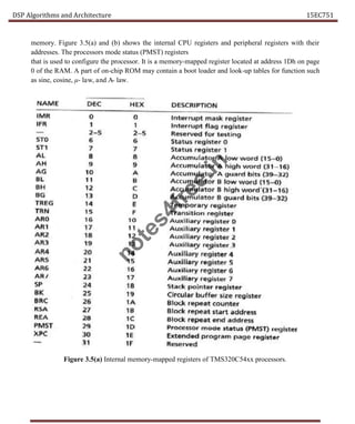 DSP Algorithms and Architecture 15EC751
memory. Figure 3.5(a) and (b) shows the internal CPU registers and peripheral registers with their
addresses. The processors mode status (PMST) registers
that is used to configure the processor. It is a memory-mapped register located at address 1Dh on page
0 of the RAM. A part of on-chip ROM may contain a boot loader and look-up tables for function such
as sine, cosine, μ- law, and A- law.
Figure 3.5(a) Internal memory-mapped registers of TMS320C54xx processors.
n
o
t
e
s
4
f
r
e
e
.
i
n
 