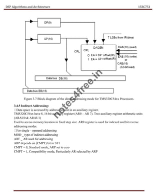 DSP Algorithms and Architecture 15EC751
Figure 3.7 Block diagram of the direct addressing mode for TMS320C54xx Processors.
3.4.5 Indirect Addressing:
TMS320C54xx have 8, 16 bit auxiliary register (AR0 – AR 7). Two auxiliary register arithmetic units
(ARAU0 & ARAU1)
Used to access memory location in fixed step size. AR0 register is used for indexed and bit reverse
addressing modes.
– operand addressing
MOD _ type of indirect addressing
ARF _ AR used for addressing
ARP depends on (CMPT) bit in ST1
CMPT = 0, Standard mode, ARP set to zero
CMPT = 1, Compatibility mode, Particularly AR selected by ARP
n
o
t
e
s
4
f
r
e
e
.
i
n
 