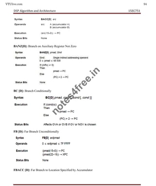 VTUlive.com 94
DSP Algorithm and Architecture 15EC751
BANZ[D]: Branch on Auxiliary Register Not Zero
BC [D]: Branch Conditionally
FB [D]: Far Branch Unconditionally
FBACC [D]: Far Branch to Location Specified by Accumulator
n
o
t
e
s
4
f
r
e
e
.
i
n
 