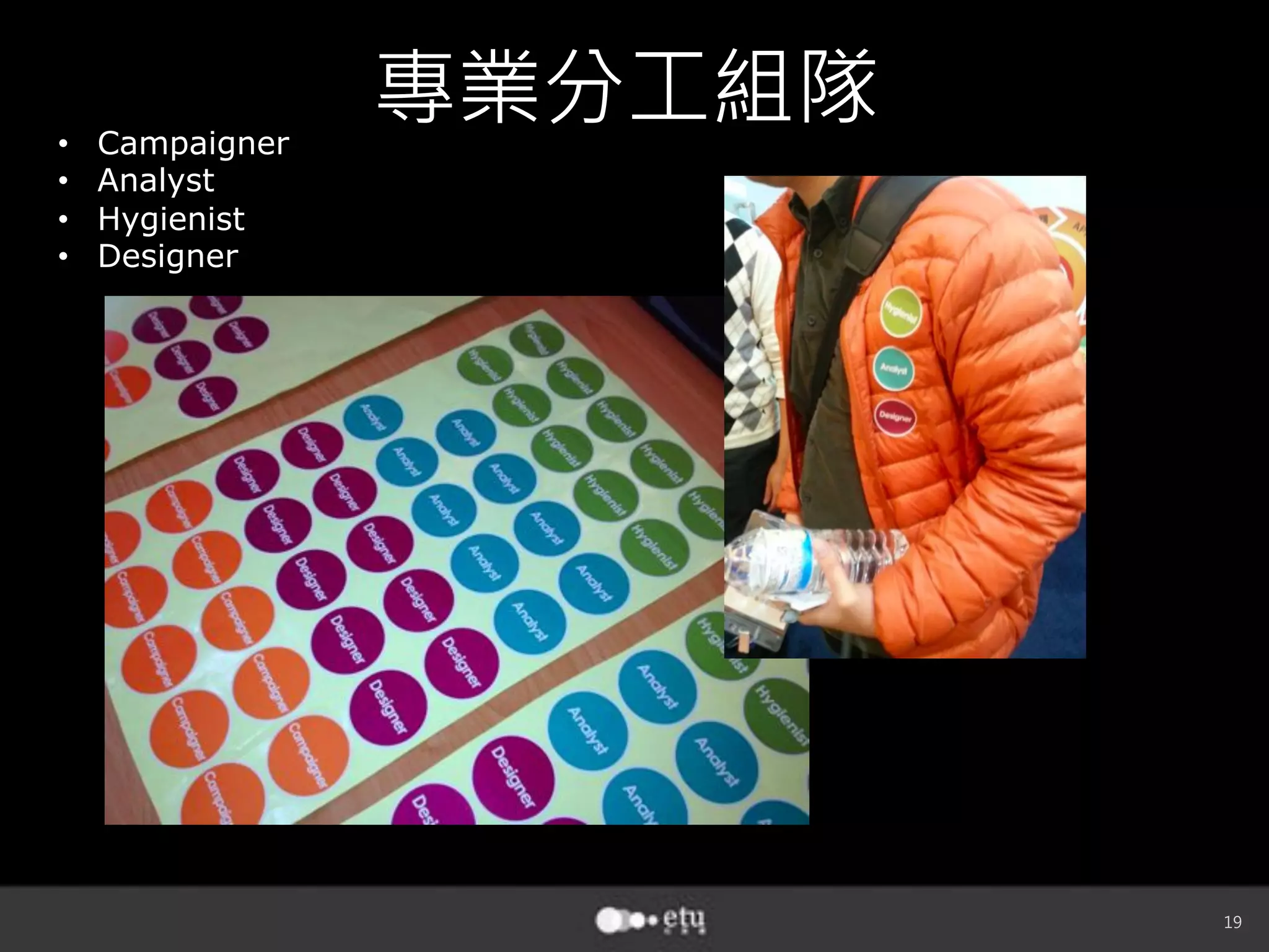 19
專業分工組隊
•  Campaigner
•  Analyst
•  Hygienist
•  Designer
 