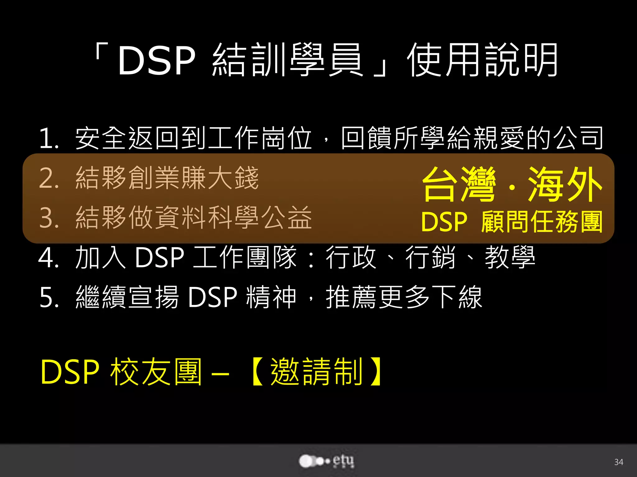 34
「DSP 結訓學員」使用說明
1.  安全返回到工作崗位，回饋所學給親愛的公司
2.  結夥創業賺大錢
3.  結夥做資料科學公益
4.  加入 DSP 工作團隊：行政、行銷、教學
5.  繼續宣揚 DSP 精神，推薦更多下線
台灣 ‧ 海外
DSP 顧問任務團
DSP 校友團 – 【邀請制】
 